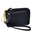 Schwarze Leder-Brieftasche mit Doppelreißverschluss, goldenem Schlüsselring und Handschlaufe. - Schwarz