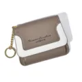 Mini grey and white leather coin purse with key ring, minimalist stylish small wallet for women. - Khaki