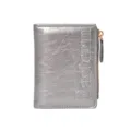 Silver crinkle texture folding card holder wallet with side zipper pocket for women. - Silver