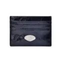 Black crinkled patent leather card holder with silver logo badge, minimalist slim wallet for women - Black