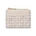 Elegant tweed mini wallet for women, chic zipper coin purse with stylish PU leather trim. - White