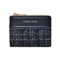 Petit portefeuille court en tweed noir et blanc pour femme, élégant porte-cartes chic zippé dorée. - Noir