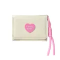 Korean style pink heart trifold wallet with lanyard, cute short PU leather coin purse for women - Off White