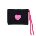 Compact black trifold wallet featuring a pink heart patch and a thick wrist lanyard. - Black
