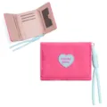 Women trifold pink short wallet with heart patch and wrist lanyard, compact card holder purse. - Pink (Style: SZ598-017)