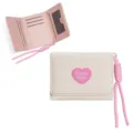 Women trifold short wallet with heart patch and lanyard pink beige chic compact card holder - Off-White (Style: SZ598-017)