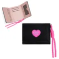Short trifold wallet for women with a sweet heart patch and pink wrist strap, stylish and compact. - Black (Style: SZ598-017)