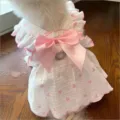 Cute pink bow pet dress for cats and dogs, breathable white heart print summer skirt. - XS / Pink