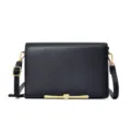 Schwarze Umhängetasche aus Leder mit goldenem Herzverschluss, stilvolle Retro Handtasche. - Schwarz