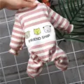 Cute striped pet pajamas with cute animal print, warm four-leg dog jumpsuit for small dogs. - S / Pink