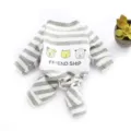 Grey and white striped pet dog cat clothes warm four-leg pajamas with cute cartoon print. - Size XXL - Fits Approx. 5-6.5 kg / Gray