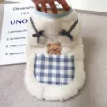 Cute winter dog fleece vest warm puppy apparel with sweet bear pattern and cute plaid pocket. - S / Blue