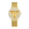 Reloj de cuarzo dorado para mujer con esfera triangular única, bisel de pedrería y correa de malla. - Caja Dorada Esfera Dorada