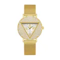 Elegante reloj de cuarzo dorado para mujer esfera triangular correa malla bisel - Caja Dorada Esfera Blanca