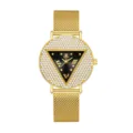Elegante reloj de cuarzo dorado para mujer con esfera triangular y correa de malla fina - Caja Dorada Esfera Negra