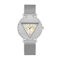 Reloj de cuarzo para mujer esfera triangular de pedrería plateada con malla acero. - Caja Plateada Esfera Blanca
