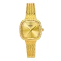 Reloj de mujer dorado de lujo con esfera cuadrada y elegante correa de metal trenzado. - Caja Dorada Esfera Dorada