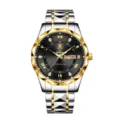 Reloj de cuarzo de negocios para hombre Yalalusi gran esfera calendario correa de acero inoxidable - Caja bicolor - esfera negra