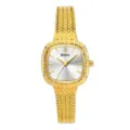 Detalle reloj mujer Yalalusi, correa malla dorada, esfera plateada, estilo elegante. - Caja Dorada Esfera Blanca