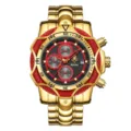 Reloj de pulsera de lujo dorado oversize para hombre con bisel texturizado rojo y subesferas. - Anillo rojo con esfera roja