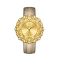 Reloj de lujo Yalalusi mujer con bisel floral de cristales esfera dorada correa de cuero SKU - Banda Dorada Esfera Dorada