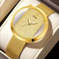 Luxury gold quartz watch for women with sparkling crystal dial and elegant mesh steel strap. - Gold Case & Rhinestone Dial