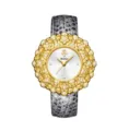 Reloj de lujo para mujer Yalalusi con bisel floral de diamante dorado y correa de serpiente. - Banda Dorada Esfera Blanca
