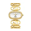 Reloj de cuarzo dorado para mujer con esfera ovalada de estrás y brazalete con logo. - Caja Dorada Esfera Blanca