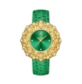 Reloj de lujo para mujer con esfera verde, bisel floral de cristal dorado y correa. - Correa Dorada Esfera Verde