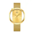 Elegante reloj de cuarzo dorado para mujer con esfera redonda hueca y correa de malla. - Caja Dorada Esfera Dorada