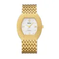Reloj de cuarzo tonneau dorado para mujer con bisel tachonado y correa de malla de acero. - Caja Dorada Esfera Blanca