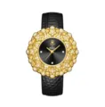Yalalusi reloj de lujo para mujer con esfera floral dorada y correa de cuero negro elegante - Correa Dorada Esfera Negra