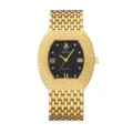 Reloj de cuarzo dorado para mujer con esfera de tonel, bisel tachonado y elegante esfera negra. - Caja Dorada Esfera Negra