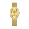 Elegante reloj de cuarzo dorado para mujer con bisel ovalado de cristales y correa de malla. - Caja Dorada Esfera Dorada