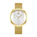 Elegante reloj de cuarzo dorado para mujer con correa de malla y diseño de esfera hueca única. - Caja Dorada Esfera Blanca