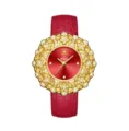 Luxury women watch with red leather strap, gold floral rhinestone bezel and red dial. - Gold Band Red Face
