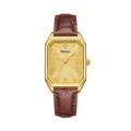 Elegante reloj retro para mujer con caja rectangular dorada y correa de cuero marrón. - Caja Dorada Esfera Dorada