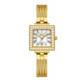 Reloj de cuarzo cuadrado para mujer con pedrería, correa de malla metálica dorada y esfera blanca. - Caja Dorada Esfera Blanca