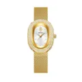 Lujo Oro Ovalado Estrás Mujer Reloj Malla Milanese Elegante Moda Cuarzo Pulsera Reloj - Caja Dorada Esfera Blanca