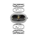 Yalalusi luxury diamond oval women quartz watch with unique branded metal link strap. - Silver Case Black Dial