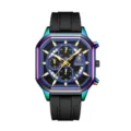 Reloj de cuarzo multifuncional para hombre con caja arcoíris y correa de silicona negra. - Caja colorida con esfera azul