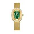 Elegante reloj de cuarzo dorado para mujer con esfera ovalada verde pavimentada y correa de malla - Caja Dorada Esfera Verde