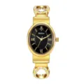Elegante reloj de mujer dorado con esfera negra ovalada y brillante pulsera de cristales. - Caja Dorada Esfera Negra