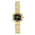 Reloj mujer lujo hexagonal estrases cuarzo, correa acero inoxidable oro y esfera negra. - Caja Dorada Esfera Negra