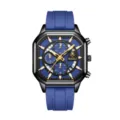 Elegante reloj de cuarzo cuadrado para hombre con esfera azul y correa de caucho azul. - Caja Negra Esfera Azul