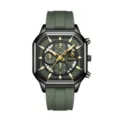 Reloj de cuarzo multifuncional para hombre con esfera cuadrada y correa de silicona verde. - Caja Negra Esfera Verde