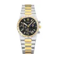 Men quartz watch luxury business dual tone steel bracelet chronograph moon phase - Two Tone Black Dial