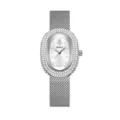 Reloj de cuarzo plateado para mujer con bisel ovalado de pedrería y correa de malla. - Caja Plateada Esfera Blanca