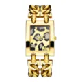 Goldene rechteckige Quarzuhr mit Leo-Zifferblatt und goldenem Kettenarmband fuer Damen. - Goldgehäuse mit Leopardenmuster-Zifferblatt (Damen)