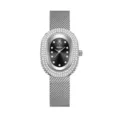 Elegante reloj de mujer con bisel ovalado de pedrería y correa de malla de acero inoxidable. - Caja Plateada Esfera Negra